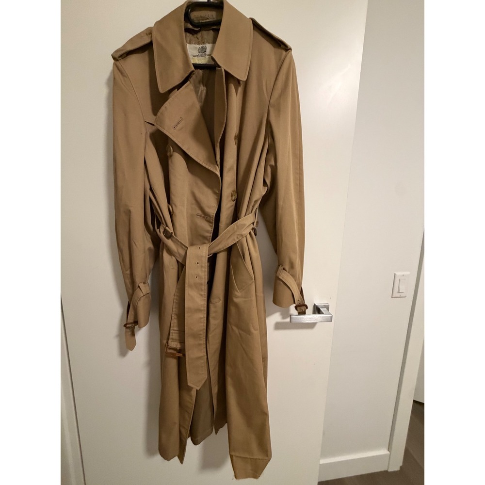 Vintage Aquascutum of London Men Double Breasted Trench Coat Tan Khaki Belted